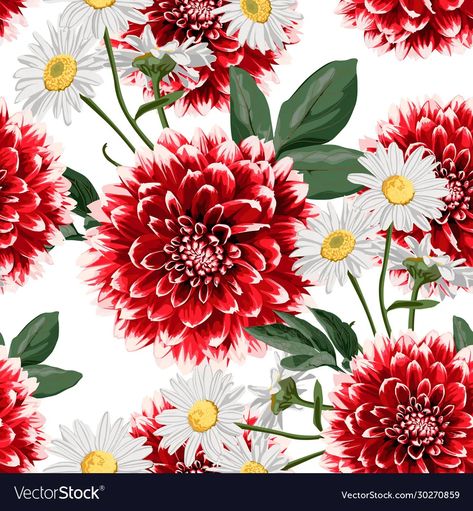 Floral seamless pattern with hand drawn red dahlia vector image Red Dahlias, Flowers With Leaves, Red Dahlia, Leaves Illustration, Floral Seamless Pattern, Dahlia, Seamless Pattern, Png Images, Seamless Patterns