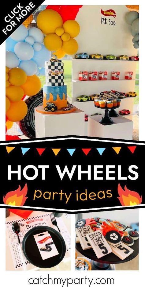 Take a look at this fun Hot Wheels party! Love the 'design your own car' station! See more party ideas and share yours at CatchMyParty.com Hot Wheels Party Snacks, Hot Wheels Party Activities, Ride Into Five Birthday Party, Hot Wheel Birthdays, Two Fast Hot Wheels Birthday, Hot Wheels Birthday Party Games, Hot Wheels Birthday Party Food, Hot Wheels 5th Birthday Party Ideas, Hot Wheels Party Games