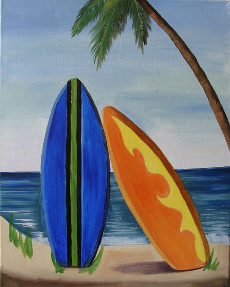 “Surfboards,” 16” x 20”, visit https://www.etsy.com/listing/104489343/free-shipping-original-acrylic-painting. Painting Of A Surfboard, Easy Surf Paintings, Surfing Painting Easy, Surf Board Painting On Canvas, Surfboard Painting Ideas, Surfboard Painting On Canvas, Summer Paintings Easy, Surf Board Painting, Cute Summer Paintings