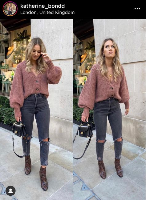 Pink knit button up sweater acid wash jeans brown booties Katherine Bond, Cropped Cardigan Outfit, How To Style A Cardigan, Crop Cardigan Outfit, Cute Cardigan Outfits, Mom Jeans Outfit Winter, Winter Outfits 2020, Jeans Outfit Winter, Mom Jeans Outfit