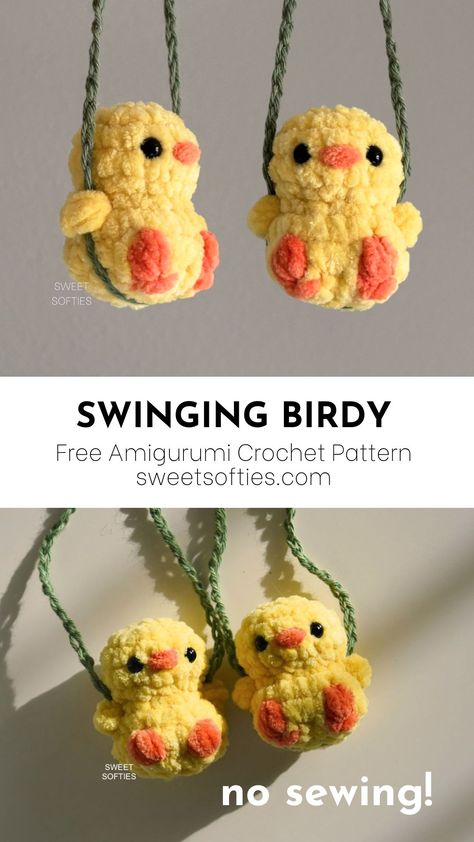 Yellow Yarn Projects, Cute Simple Crochet Patterns, Sweet Softies Amigurumi, Super Easy Crochet Animals, 1 Hour Amigurumi, Tiny Crochet Accessories, Rainbow Yarn Crochet Projects, Crochet Swinging Duck Free Pattern, Small Crochet Duck Pattern Free