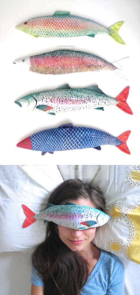 Fish Eye Pillows: Made from organic cotton and filled with organic flax seeds and lavender, these fish-shaped eye pillows can be be warmed and cooled if desired. #design #product Sewing Fish, Fish Shaped Pillow, Fish Sewing, Fish Pillows, Carnaval Inspo, Fish Items, Fish Pillow, Giant Fish, Fabric Fish