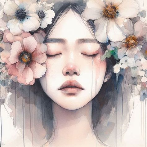 asian woman on pale face crying, close eyes, not smile, only face, with lots of flower in different size spread around frame, in conrad Roset artistic style, water color painting, abstract - Image Creator from Microsoft Bing Flower Face Painting Canvas, Rain Gif, Girl Face Painting, Close Eyes, Crying Eyes, Butterfly Eyes, Female Face Drawing, Pale Face, Character Pictures