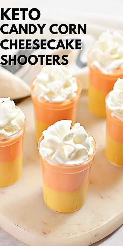 Candy Corn Keto Cheesecake Shooters #ketocandycorncheesecakeshooter #candycorn Keto Halloween, Stylish Cravings, Candy Corn Recipe, Cheesecake Shooters, Keto No Bake Cheesecake, Sugar Free Whipped Cream, Dessert Shooters, Sugar Free Jello, Fall Parties