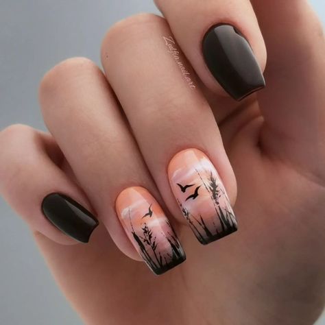 Trendy Nail Art Dark Colors, Silhouette Nails Designs, Hard Nail Art, Camping Nails, Landscape Nails, Nailart Tutorial, Sunset Nails, Animal Nail Art, Art Deco Nails