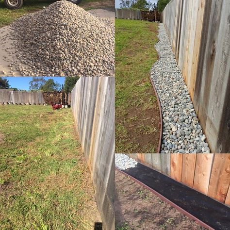 Rock against the fence Landscaping Along Fence, Lawn Borders, Landscape Edging, Fence Landscaping, Backyard Fences, Garden Edging, The Fence, Fence Design, Diy Backyard