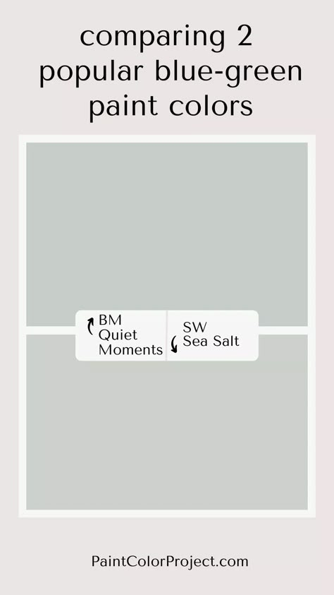 Read our Quiet Moments vs Sea Salt paint color comparison to find the perfect green-blue-gray paint color for your home. Light Blue Green Gray Paint Colors, Bm Quiet Moments Paint, Blue Green Gray Paint Colors, Magnolia Paint Colors Joanna Gaines, Bm Quiet Moments, Sea Salt Paint Color, Blue Green Paint Colors, Grey Painted Rooms, Hall Paint Colors