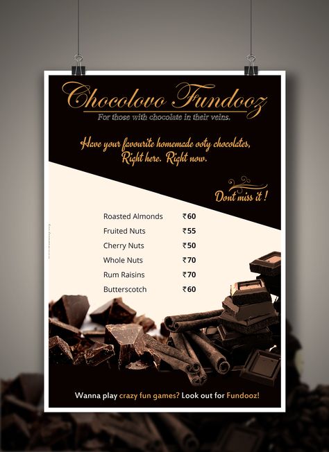 Tempting chocolate Chocolate Menu card design by Webdefy Chocolate Visiting Card Design, Chocolate Menu Design, Chocolate Molds Recipe, Chocolate Names, Magic Chocolate, Menu Card Design, Menu Card Template, Chocolate Card, Chocolate Recipes Homemade