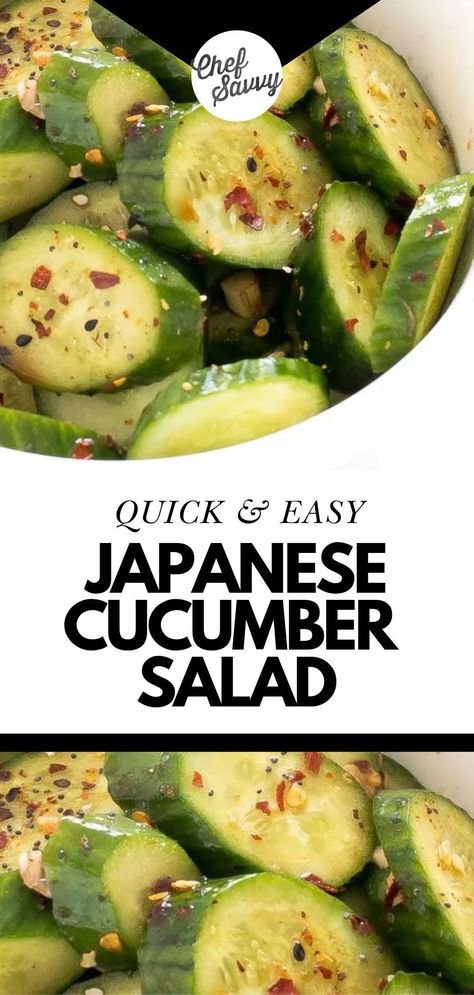 Save this Quick and Easy 5 minutes Japanese Cucumber Salad. This healthy and refreshing Japanese Cucumber Salad recipe is simple to throw together and packed with a ton of flavor! Sliced cucumbers are tossed with an Asian-inspired dressing of soy sauce, rice vinegar, sesame oil, and sugar! This will be your new go-to side dish. Follow Chef Savvy for more easy side dishes recipes! Japanese Cucumber Salad Recipe, Japanese Cucumber Salad, Japanese Side Dish, Soy Sauce Rice, Chef Savvy, Japanese Cucumber, Quick Pickled Red Onions, Cucumber Avocado Salad, Asian Cucumber Salad