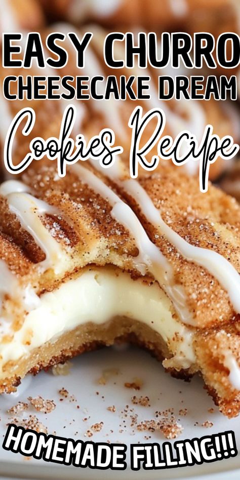 Churro Cheesecake Dream Cookies Cheesecake Treats, Mexican Sweet Recipes, Churro Filling Recipes, Homemade Dessert Ideas, Hispanic Dessert Recipes, Cookie Recipes Cheesecake, Sopapilla Cheesecake Cookies, Apple Churros, Desserts To Go With Tacos