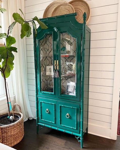 Faux Bamboo China Cabinet, Painted China Cabinet Ideas, Bamboo China Cabinet, Green China Cabinet, Shelves For Display, Palm Beach Chic, Painted China Cabinets, Nightstand Makeover, Cabinet Refinishing