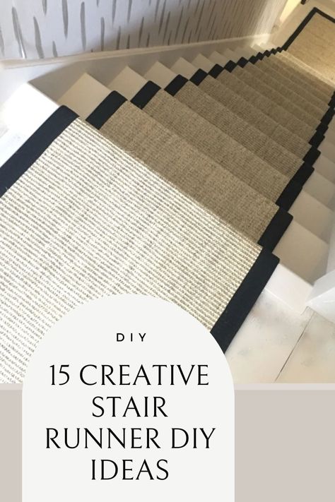 natural stair runner with black border on white painted stairs Tile On Stairs Ideas, How To Install Stair Runner With Landing, Stair Runner Corner Stairs, Finish Basement Stairs, Stair Runner Rugs, Black And White Stairs With Runner, Diy Stair Treads Cheap, Stairs Runner Ideas, Stair Runners Ideas With Landing