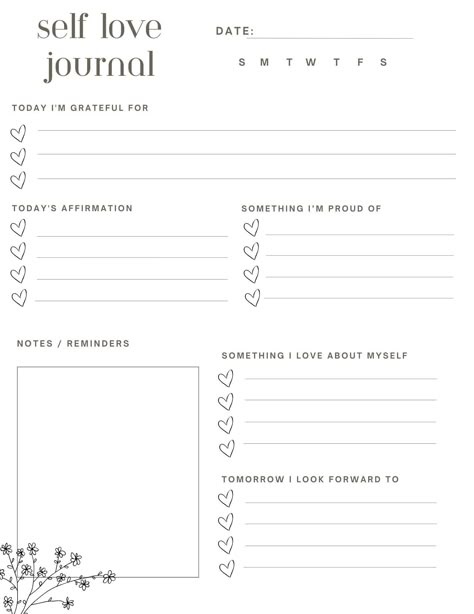 This 40-page printable journal is filled with prompts and exercises to help you reflect on your strengths, cultivate gratitude, and practice self-compassion.

Use this journal to:

 Identify your values and strengths
 Set goals for self-improvement
 Notice the good things in your life
 Forgive yourself for past mistakes
 Be kind to yourself

Print this journal and start your journey to self-lov Self Love Planner Ideas, Journal Templates Layout Aesthetic, Grateful Journal Template, Daily Journal Layout Free Printables, Feelings Journal Template, 2025 Goals Journal Page, Journaling Templates Printable Free, Self Love Template, Morning Journal Template