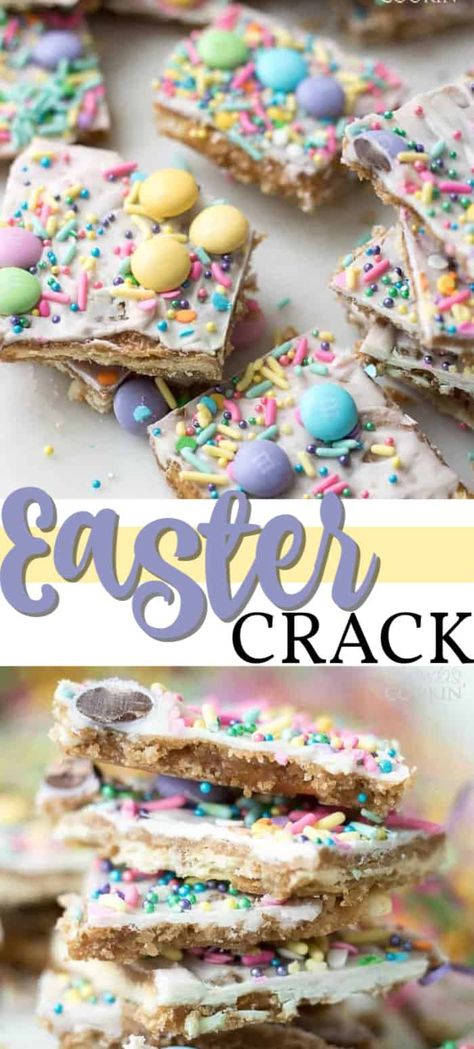 This Easter crack is a festive Saltine Toffee. An easy-to-make recipe using simple pantry ingredients like white chocolate, sprinkles, and Easter candies. #easterdessert #easter #eastercandy #saltinetoffee #saltinecrack #whitechocolate #holidaydessert Easter Candies, Easter Deserts, Easter Sweet Treats, Fun Easter Treats, Saltine Toffee, Easy Easter Treats, Easy Easter Desserts, Toffee Recipe, Easter Snacks