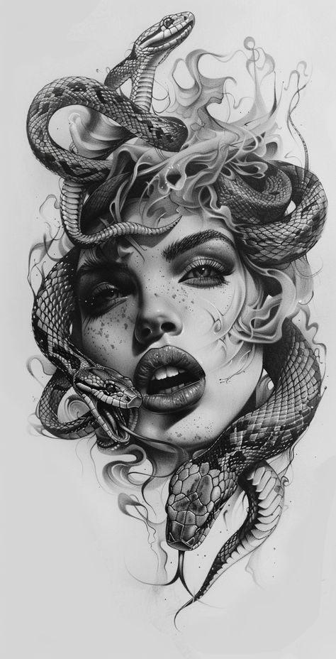 🎁🚀Unlock Amazing Midjourney Prompts - Click on Link in my Bio🔗👈 Medusa Mythology, Japanese Snake Tattoo, Drawing Of A Woman, Persian Tattoo, Medusa Tattoo Design, Gothic Tattoos, Surreal Tattoo, Medusa Art, Snake Drawing