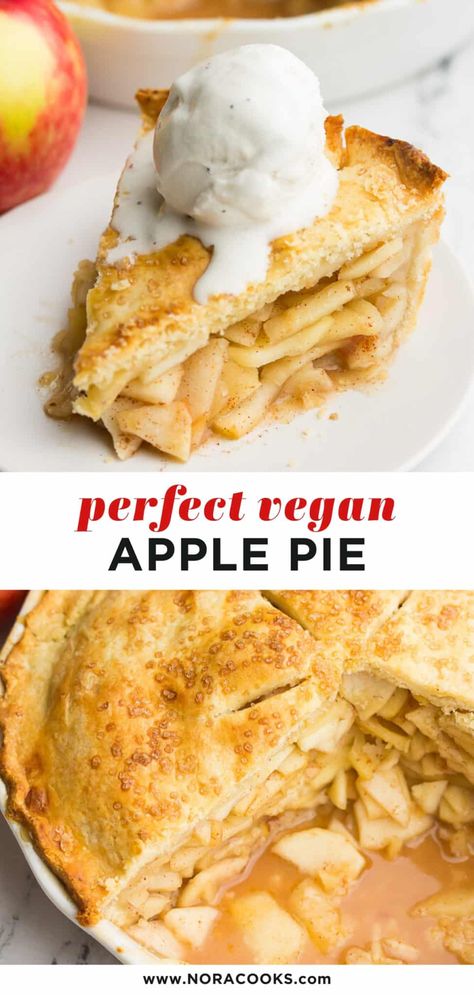 Perfect Vegan Apple Pie! With a flaky, buttery pie crust and tender, cinnamon sweet apple filling, this is the only apple pie recipe you need. Vegan Apple Pie Filling, Vegan Apple Pie Recipe, Vegan Pie Crust Recipe, Vegan Pies Recipes, Nora Cooks, Vegan Apple Cake, Vegan Apple Crisp, Apple Pie Filling Recipes, Vegan Apple Pie