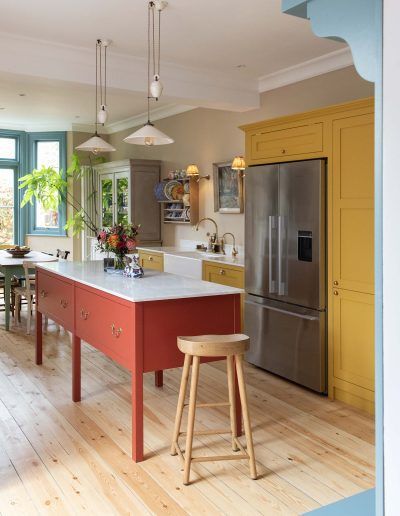 Yellow Cabinets, Victoria House, Kitchen With Island, Kitchen Upgrades, Yellow Kitchen, Shaker Kitchen, Bedroom Retreat, Farmhouse Style Kitchen, Kitchen Extension