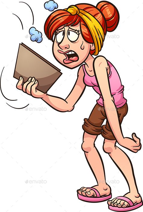 Woman suffering from hot weather. Vector clip art illustration with simple gradients. All in a single layer. EPS10 file included. Hot Weather Drawing, Hot Weather Illustration, Hot Weather Humor, Desenho Tom E Jerry, Funny Emoji Faces, Human Logo, Cartoon People, Pokemon Memes, Funny Emoji