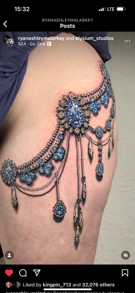 Jeweled Shoulder Tattoo, Necklace Tattoos Women, Victorian Jewelry Tattoo, Bejeweled Tattoo, Jewel Chest Tattoo, Waistline Tattoos Women, Jewel Tattoos, Jewellery Tattoo, Lace Thigh Tattoos