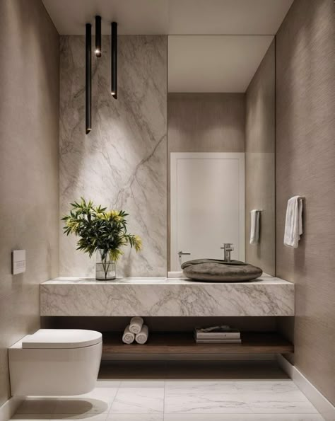 Powder Toilet Ideas, Powder Room Contemporary Design, Modern Contemporary Toilet Design, Powder Toilet Design Modern, Ultra Modern Powder Room, Bathroom Vanity Minimalist, Powder Room Luxury Modern, Wow Powder Room Ideas, Powder Bathroom Interior Design