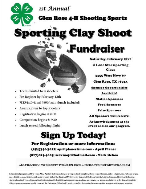 1st Annual Glen Rose 4-H Shooting Sports Sporting Clay Fundraiser Sporting Clay Shooting, Sports Fundraisers, Clay Shooting, Skeet Shooting, Glen Rose, Fundraising Activities, Trap Shooting, Sporting Clays, Activities For Boys