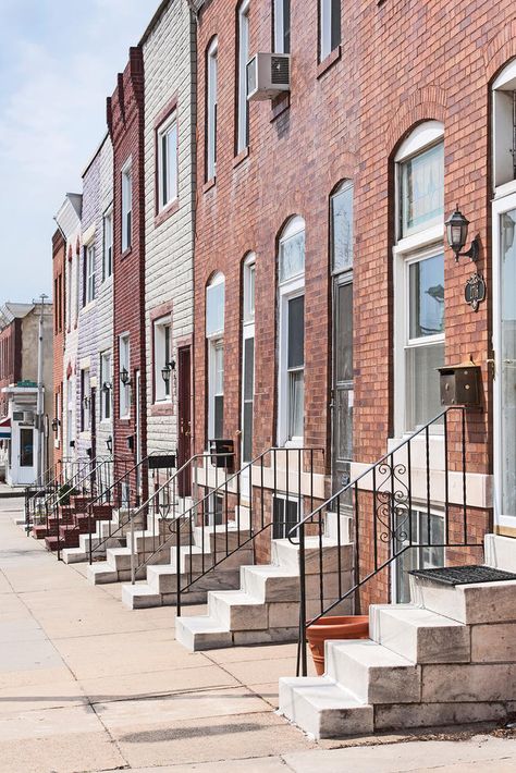 In the early 1900s, Canton’s row homes housed Irish & Eastern Europeans who worked at the port and canneries #ThanandNow | Baltimore magazine Photo by David Colwell Row Houses Elevations, Row House With Garage, Row Houses Architecture Floor Plans, Wallpaper In Home, Historic Row Houses, Baltimore Architecture, Home Decorating Ideas Living Room, New Orleans Row Houses, Baltimore Neighborhoods