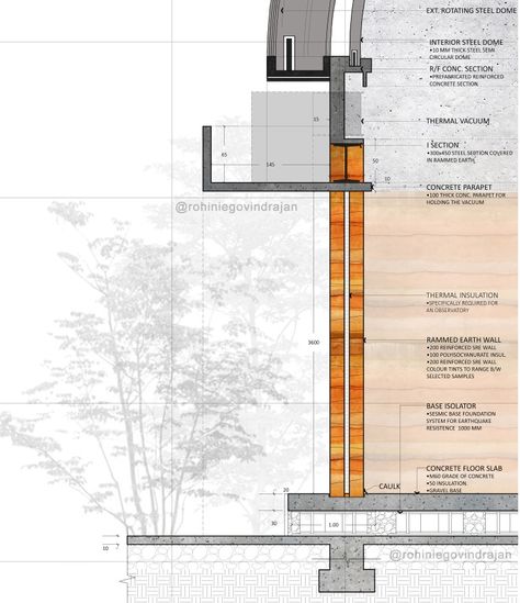 Rammed Earth And Stone, Rammed Earth Wall Section, Rammed Earth Wall Detail, Rammed Earth Detail Drawing, Rammed Earth Construction Details, Rammed Earth Walls, Rammed Earth Building, Trombe Wall Architecture, Rammed Earth Detail