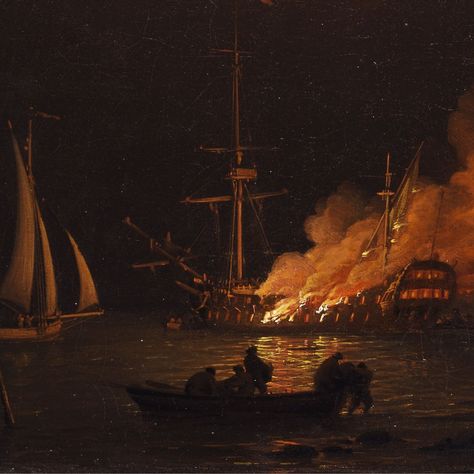 USS Philadelphia burning at the Battle of Tripoli Harbor during the First Barbary War in 1804 Burning Pirate Ship, Burning Ship Aesthetic, Burn The Ships Wallpaper, Old Ship Painting, Burn The Boats Wallpaper, Burn The Boats Tattoos, Burn The Ship Tattoo, Battle Aesthetic, Ship On Fire