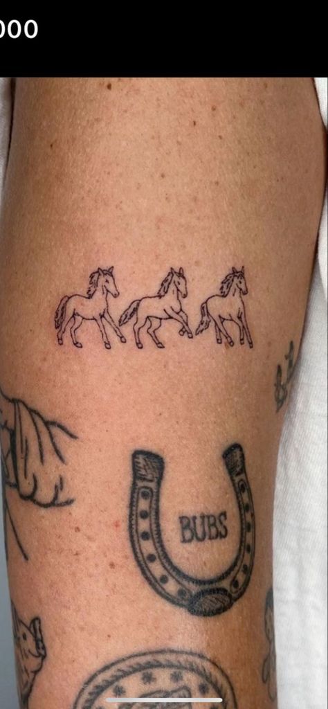 Tiny Horse Tattoo For Women, Horse Stick And Poke Tattoo, Bucking Cowboy Tattoo, Home On The Range Tattoo, Tat Placement Ideas, Three Horses Tattoo, Mini Horse Tattoo, Paige Lorenze Tattoo, Stampede Tattoo