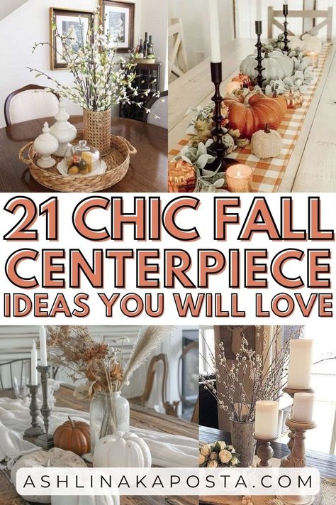 21 gorgeous fall centerpiece ideas to brighten up your dining table — ASHLINA KAPOSTA Fall Farmhouse Table Setting, Pumpkin Table Display, Natural Wood Centerpieces, Fall Table Arrangement Ideas, Breakfast Table Fall Decor, Decorating Kitchen Table For Fall, Fall Decor Ideas For Table, Dining Room Centre Piece Ideas, Farmhouse Dining Room Centerpiece Ideas