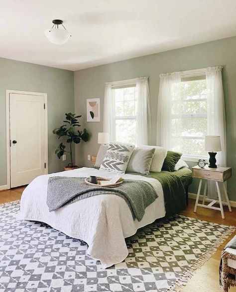 sage green bedroom with white bed Green White Room, Gray Bedroom Paint, Green And Gray Bedroom, White And Grey Bedroom, Sage Paint Color, Green Bedroom Colors, Sage Green Furniture, Girls Bedroom Green, Sage Green House