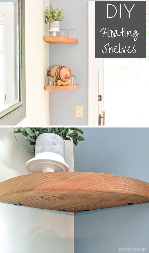 DIY Floating Corner Shelves pin Diy Floating Corner Shelves, Decorate Empty Wall, Diy Shelves Design, Floating Shelves Ideas, Fall Dining Room Table Decor, Diy Shelves Ideas, Diy Corner Shelf, Corner Shelf Ideas, Fall Dining Room Table