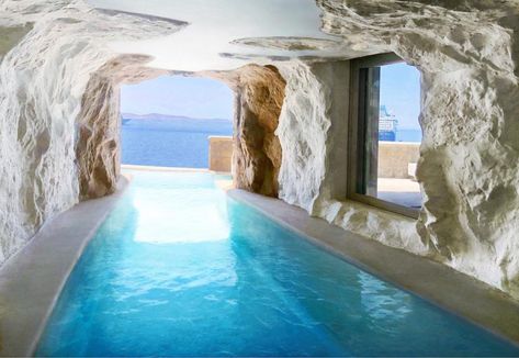 Best 5-Star Hotels in Mykonos: 5-Star hotels in Mykonos: Overall Mykonos has 39 5-Star Hotels, out of the 830 hotels it has in total. Out of these 39 5-star hotels, 10 of them are inside the main village/town of Mykonos, which is called the “Mykonos Chora”. The other 29 5-star hotels are located in different villages outside of Mykonos. Tip: Cavo Tagoo, Cave Pool, Cavo Tagoo Mykonos, Indoor Swimming Pool Design, Mykonos Hotels, Stunning Hotels, Mykonos Island, Jardin Des Tuileries, Cool Swimming Pools