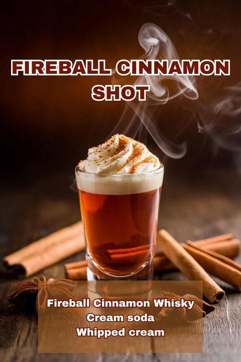 A Fireball Cinnamon Shot with a cinnamon stick garnish, radiating warm colors. Fireball Holiday Drinks, Fireball Shots Recipes, Fireball Punch Recipe, Shots With Fireball, Holiday Shot Recipes, Apple Pie Shots, Fireball Cocktails, Holiday Shots, Fireball Shot