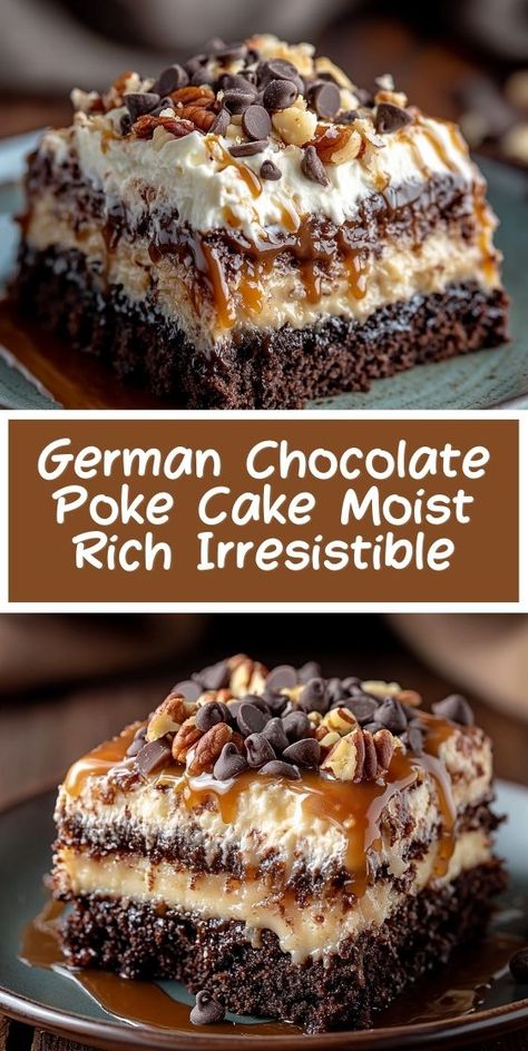 Discover the ultimate German Chocolate Poke Cake recipe that's rich, moist, and absolutely irresistible. Made with layers of decadent chocolate and a creamy coconut topping, it's the perfect dessert for any occasion. Luxurious German Chocolate Poke Cake, German Chocolate Cake Using Box Cake, German Chocolate Dessert, Mounds Poke Cake Recipes, German Chocolate Poke Cake Easy, Bakers German Chocolate Cake Recipe, German Chocolate Poke Cake Recipes, Old Fashioned German Chocolate Cake, Homemade German Chocolate Cake Frosting