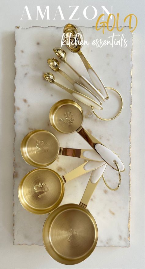 Kitchen Astethic Gold, Brass Measuring Cups, Measuring Cups And Spoons Organization, Pretty Measuring Cups, Aesthetic Measuring Cups, Cute Measuring Spoons, Measuring Cups Aesthetic, Cute Measuring Cups, Bar Decoration Ideas