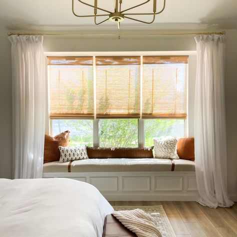 Bench Window Curtains, Curtains Above Bench Seat, Nook Window Curtains, Bay Window With Bench Curtain Ideas, Curtains With Window Seat, Bench Seat Window Treatments, Long Bench In Front Of Window, Bedroom Benches Master Window, Bedroom Big Window Ideas