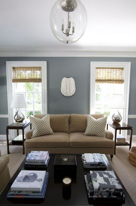 Morrison Fairfax Interiors: Lovely blue and brown living room with steel blue walls paint color with glossy white ... Brown And Blue Living Room, Tan Living Room, Beige Living Rooms, Living Room Color Schemes, Room Color Schemes, Brown Living Room, Paint Colors For Living Room, Room Remodeling, Living Room Colors