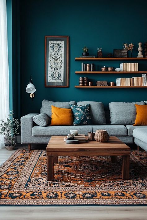 29 Colorful Living Room Ideas to Create a Lively and Inviting Home 26 Teal Coloured Living Room, Teal Modern Living Room, Cozy Teal Living Room, Teal Snug Room, Turquoise Aesthetic Living Room, Teal Carpet Living Room, Dark Teal Accent Wall Living Room, Deep Teal Living Room, Teal Sitting Room