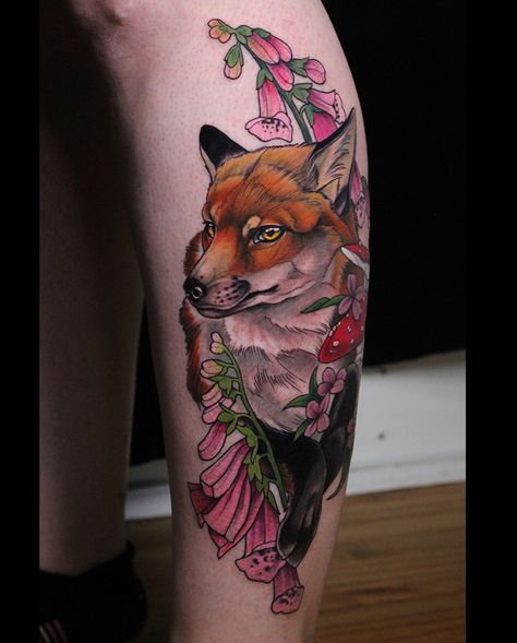 Fox with foxgloves flowers and amanita muscaria mushrooms tattoo #neotraditional #tattoo #tattooideas #fox #foxtattoo #illustration #aesthetic #ameliefleury Amelie Fleury tattoos @ameliefleury instagram Fox And Mushroom Tattoo, Amanita Muscaria Tattoo, Foxglove Tattoo, Mushrooms Tattoo, Illustrative Tattoo, Neotraditional Tattoo, Mushroom Tattoos, Amanita Muscaria, Fox Tattoo