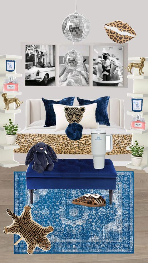 Blue And Cheetah Bedroom, Cheetah Print Bedroom Ideas, Gold Theme Room, Blue And White Room Aesthetic, Blue Brown Room, Cheetah Print Room, Cheetah Print Rooms, Cheetah Print Bedroom, Glamour Bedroom Ideas