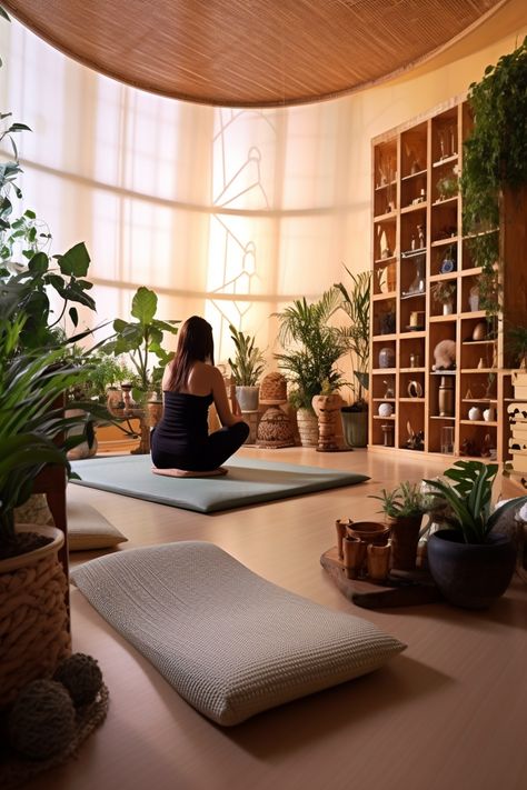 Tranquility Room, Beautiful Yoga Studio, Yoga Room Aesthetic, Meditation Zen Room, Home Yoga Corner, Zen Study Room, Meditation Room With Plants, Meditation Room Crystals, Healing Room Ideas Meditation Space