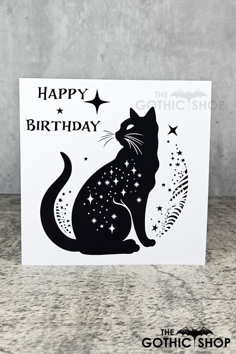 Happy Birthday Gothic, Cat And Stars, Cat Happy Birthday, Mystical Cat, Gothic Shop, Cat Happy, Card And Envelope, Black Image, White Card