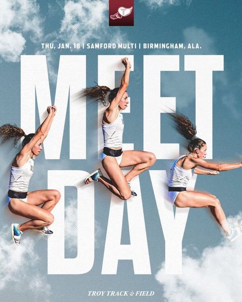 Meet day 🤝 Best day #OneTROY ⚔️ | Instagram Meet Day Graphic, Sport Poster Design Inspiration, Game Day Graphic Design, Track Poster Ideas, Meet The Team Instagram Post, Sports Media Day, Penn Relays, Game Day Graphics, Gameday Graphics