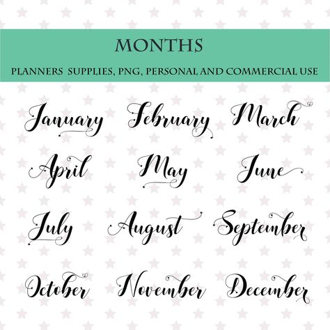 Months In Cursive, Months Calligraphy Fonts, Fonts For Months Of The Year, Month Fonts, Calligraphy Months Of The Year, Lettering Months Of The Year, Months Written In Different Fonts, Journaling Accessories, Fonts Hand Lettering