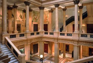 Creating a Human Chain on a Staircase: The museum's soaring three-story Grand Staircase is the centerpiece of the 1907 addition to the original Carnegie Institute building. Covering almost 4,000 square feet of wall space within the staircase is the mural The Crowning of Labor by John White Alexander, which depicts turn-of-the-century ideas of uplift and progress achieved through hard work and industrial power. Visit Pittsburgh, Pittsburgh Pride, Carnegie Mellon University, Carnegie Museum Of Art, Allegheny County, Pittsburgh City, Western Pennsylvania, University Of Pittsburgh, Steel City