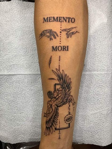 Memento Mori Forearm Tattoo, Greek Tattoo Ideas For Men, Calf Tattoos For Guys, Memento Vivere Tattoo, Momento Mori Tattoo, Calf Tattoo Men, Memento Mori Tattoo, Fallen Angel Tattoo, Simple Forearm Tattoos