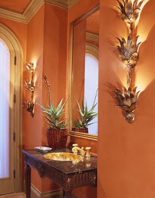 David Iatesta Tole Flora Sconces Terra Cotta Bathroom Walls, West Indies Decor, British Colonial Decor, Tropical Bathroom, Orange Bathrooms, Living Room Orange, British Colonial Style, Soft Coral, Colonial Decor