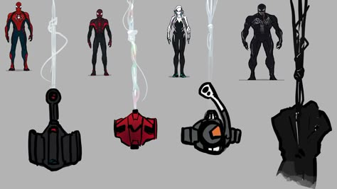 In addition to vehicles, wanted to breakdown some gear too. Here I elaborated on the web shooters of the main Spider folks…some are inspired by movies and or other media. I also wanted each character’s webbing to be unique…kinda like a fingerprint for each character. Parker’s is classic, strong and loose Miles is similar but a bit tighter, and coated with oil/gas type fluid to help conduct electricity Gwen’s is more organic looking And Venom, is well symbiote like Spider Man Web Shooter Design, Spiderman Web Shooter Design, Web Shooters Spiderman, Webshooter Designs, Spiderman Variations, Webshooters Design, Web Shooter Design, Web Shooters Design, Spider Man Web Shooter