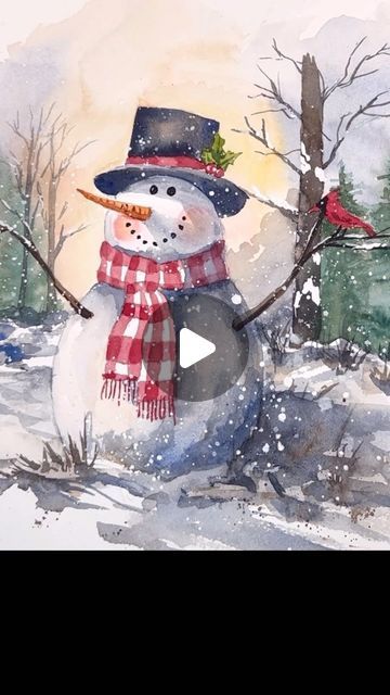 Watercolor Snowmen, Watercolor Snowman, Watercolor Christmas Snowman, Easy Snowman Painting, Watercolor Snowman Tutorial, Christmas Watercolor Ideas Xmas Cards, Snowman Watercolor Christmas Cards, Snowman And Tree Painting, Snowmen Pictures